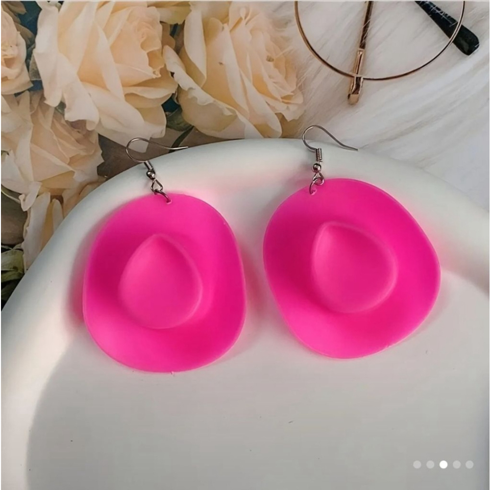 Women's Earrings Cowboy Hat Pink Brown White - Picture 3 of 5